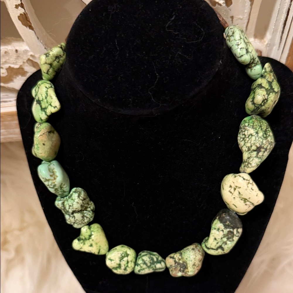 Vintage Green Turquoise Statement Necklace Raw stones with spider marble veins.